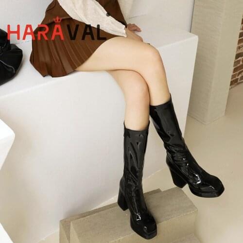 HARAVAL Women Motorcycle Boots Shoes White Black Red HIgh Heels Patent Leather Square Toe Solid Fleeces Plush Waterproof E379L