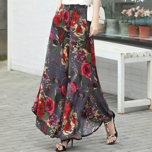 Floral Print Long Wide Leg Pants for Women Casual Loose Ladies Skirt Pants High Waist Plus Size Female Trousers with Pockets