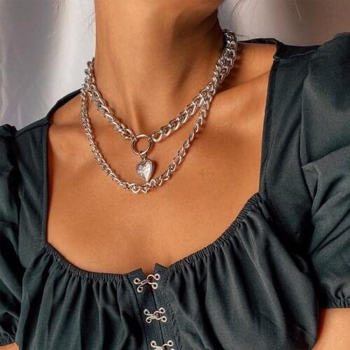 Punk Multi Layered Cuban Link Chain Heart Locket Pendant Necklace Chunky Statement Choker Necklace for Women Statement Jewelry