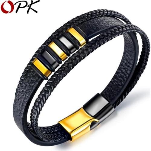 European And American New Jewelry Wholesale Simple Black Room Gold Retro Woven Leather Bracelet Titanium Steel Multi-layer Mens
