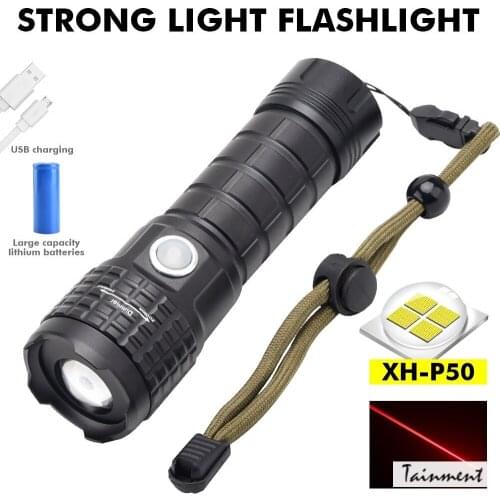 P50 Strong Flashlight USB Rechargeable Zoom Long-range Flashlight with Laser Outdoor Camping Lamp Waterproof Emergency Equipment