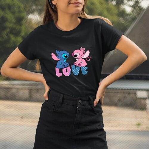 T-Shirt Female Kawaii Dropship Short Sleeve Harajuku Pattern Black White Women T Shite Fashion Outdoor Loose Diseny Stitch Print