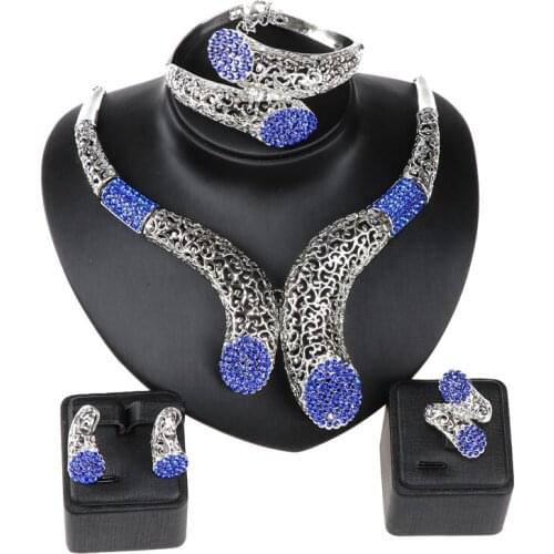 Wedding Party Accessories African Beads Jewelry Sets Blue Rhinestone Silver Plated Bridal Necklace Bangle Earrings Rings Set