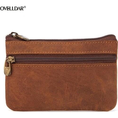 Unisex Genuine Leather Short Wallet Mini Zipper Purses Coin Purse Crazy Horse Cowhide Coin Case Car Key Case Bus Card Case