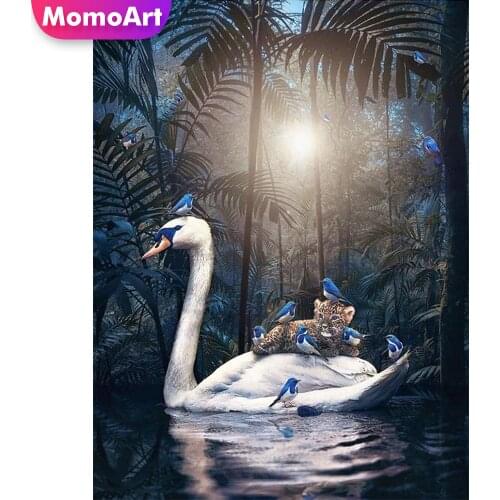 MomoArt 5D DIY Diamond Painting Swan Full Square Drill Diamond Embroidery Animal Picture Rhinestone Leopard Mosaic Kits