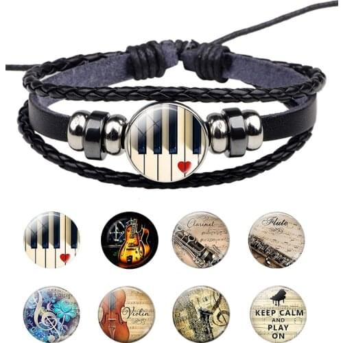 Musical Instrument Piano Guitar Clarinet Flute Music Leather Bangle Bracelet Music Note Jewelry for Women Men
