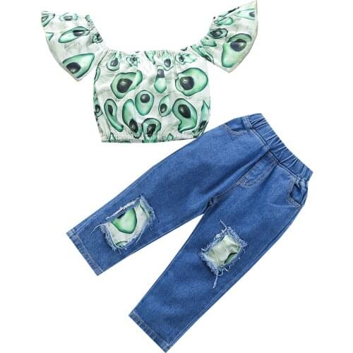 0-4Y Fashion Children Girls Summer Clothing Sets Off Shoulder Fruit Print Crop Tops+Denim Ripped Hole Pants Outfits
