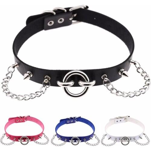 DIEZI Harajuku Gothic Wide Gold Metal Round Rivet Chain Necklace PU Leather Collar Bondage Choker Women Statement Necklace