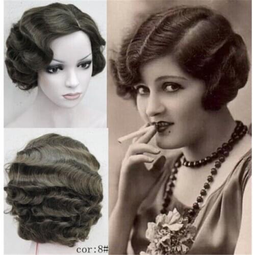 1920s Womens Retro Short Finger Wave Curly Wavy Pinup Wigs Classy Vintage Wavy-Style Wig Halloween Cosplay Headwear 9 Colors