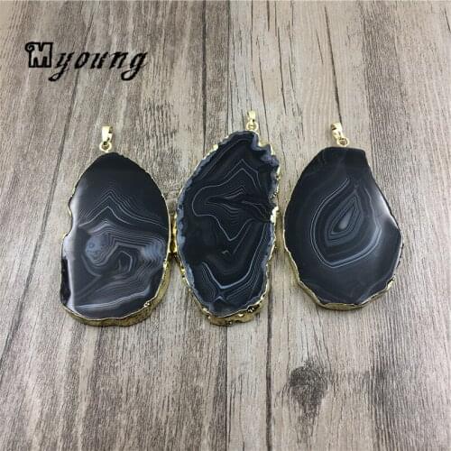 Large Freeform Black White Banded Agates Slice Pendant,Stripped Agates charm Gold Edges and Bail For Necklace Jewelry MY1511
