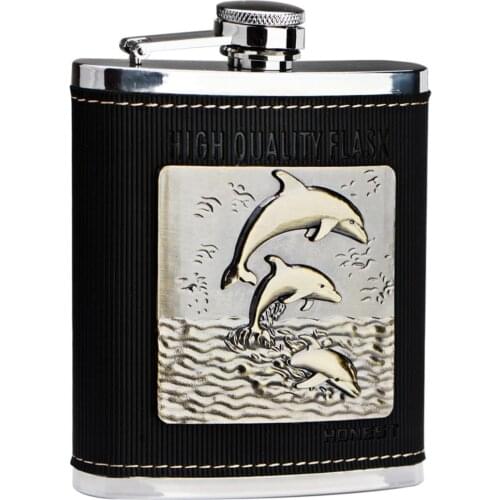 Portable outdoor stainless steel hip flask ,7 oz Dolphin Russia whiskey alcohol liquor bottle