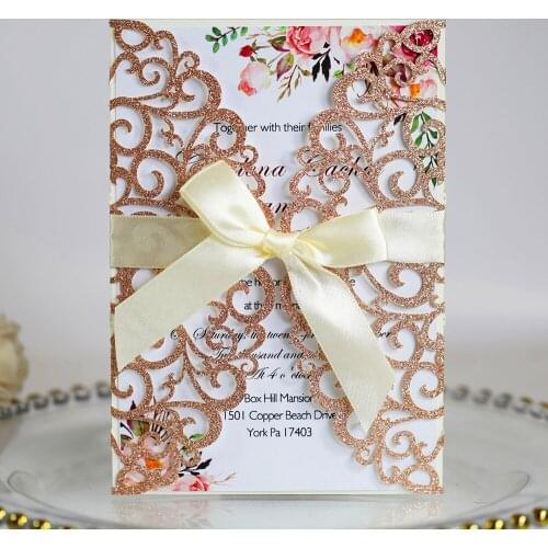 Invitation Cards (50 Piece/Lot) Pink Spring Flower Glitter Personalized Print Laser Cut Wedding Party Bride Invites With Ribbon