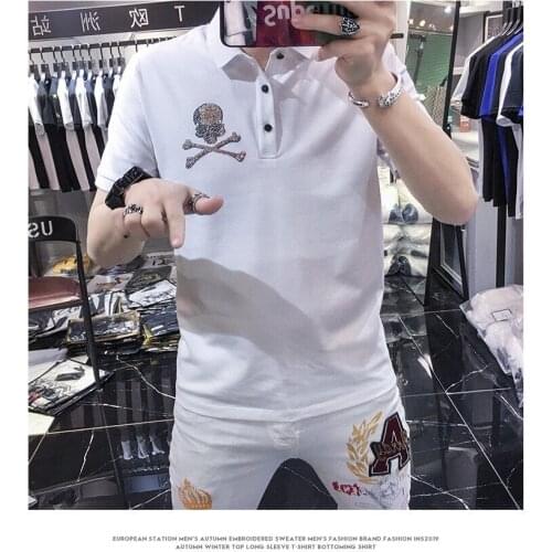 Hot High Quality Europe Original Short Sleeve Premium Lapel Popular Rock Mens Summer Polo Shirt Skull Rhinestone Fashion Brand