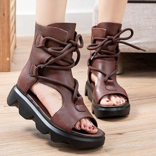 Rimocy Retro Pu Leather Platform Sandals Boots Women Summer Open Toe Cross Strap Gladiator Sandals Woman Non Slip Outdoor Sandal