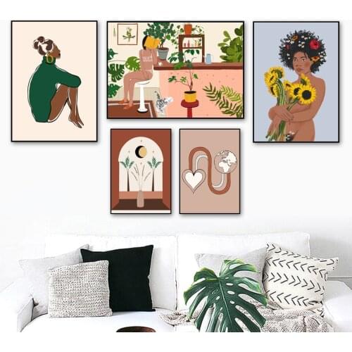 Sexy Girl Flower Leaf Plant Illustration Wall Art Canvas Painting Nordic Posters And Prints Wall Pictures For Living Room Decor