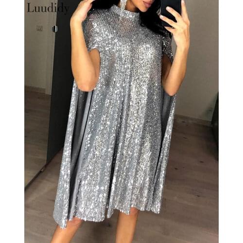 Plus Size XXL Sexy Party Sequin Glitter Dress Mock Neck Cape Design Sequins Cloak Sleeves Dresses
