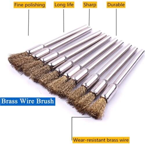 10Pcs 3mm Shank Brass Wire Wheel Brush 5mm Brush Diameter Polishing Brush for Mini Drill Metal Rust Removal Dremel Rotary Tools