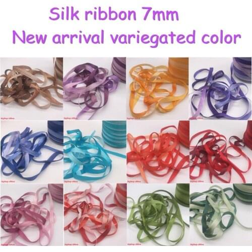 7mm silk ribbon variegated color,100% real pure mulberry silk woven double face taffeta silk ribbons for embroidery high quality