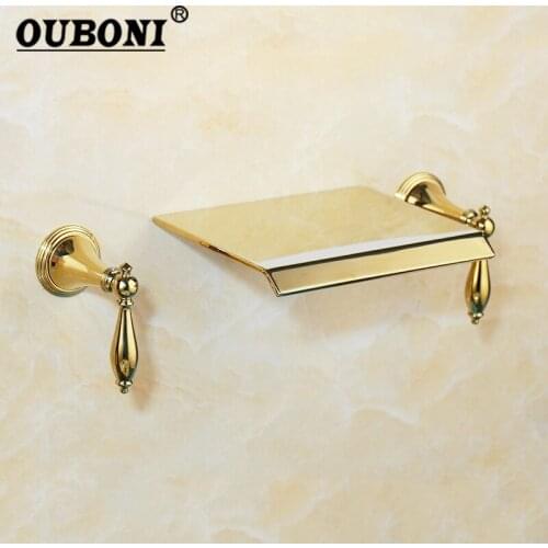 OUBONI 3 Pieces Set 2 Handles Golden Plated Bathtub Faucets Gold Bathroom Faucet Deck Mounted Basin Sink Faucet Mixer Tap