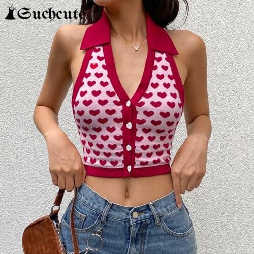 SUCHCUTE Heart Patchwork Skinny Cute Womens Crop Tops Sexy V-Neck Sleeveless Knitwear Halter Tops 2021 Summer Streetwear