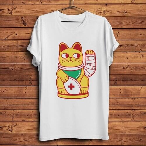Unlucky wounded Maneki Neko lucky Cat funny anime tshirt men new white casual short sleeve unisex cute streetwear t shirt