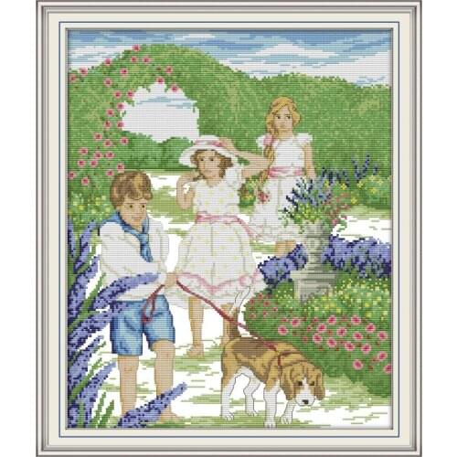 Outing Cross Stitch Embroidery Kits Joy Sunday Portrait Painting 11CT 14CT Cross Stitch DMS Printed Pattern DIY Embroidery Sets
