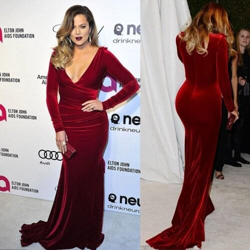 Top Quality Burgundy Mermaid Velour Evening Dresses With Long Sleeve Vestido De Festa Longo Sexy Deep V-Neck Formal Dress Caftan