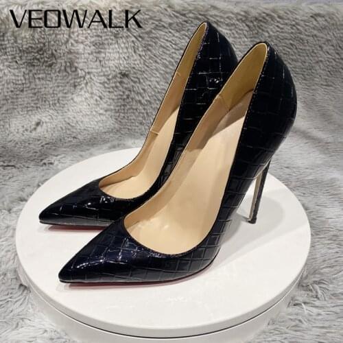 Veowalk Shiny Black Croc Effect Women Pointed Toe Stiletto Pumps Sexy Ladies Slip on High Heel Shoes 8cm 10cm 12cm Customize