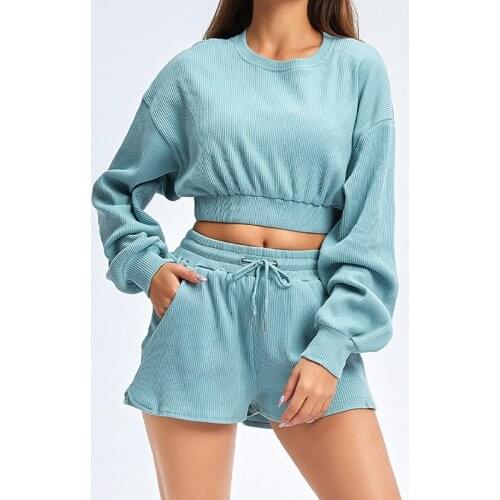 Women Crop Top+Shorts 2 Piece Set Long Sleeve Tight Waist Top Drawstring Mini Short Sport Wear Suit Ladies Workout Tracksuit Set