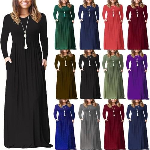 Plus Size Women Clothing Pockets Long Dress Solid Winter Autumn O-Neck Long Sleeve Maxi Dress Robe Vestidos De Fiesta Ropa Mujer