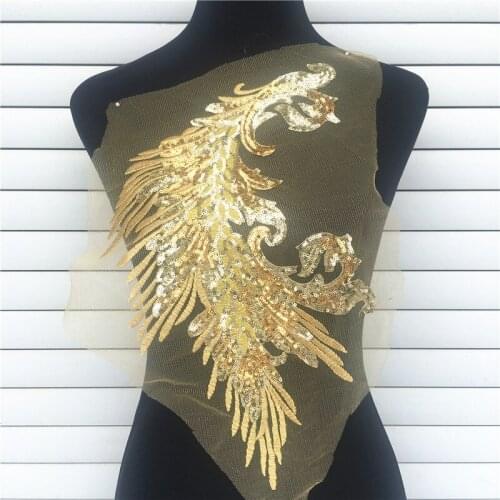 Gold Embroidered Lace Sequins Peacock Feather Wing Patches Sewing Applique DIY For Lady Garment Dress Cheongsam Craft Decoration