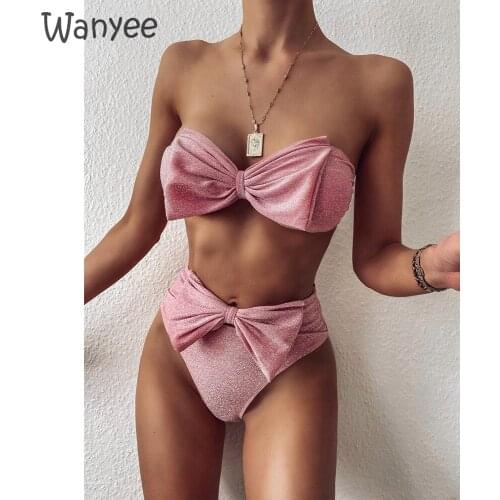 2021 Sexy Women Swimwear Solid Color Beach Wear High Waisted Swimsuit 2 Pieces Bathing Suits Ladies Bow Split Shiny Silk Bikini