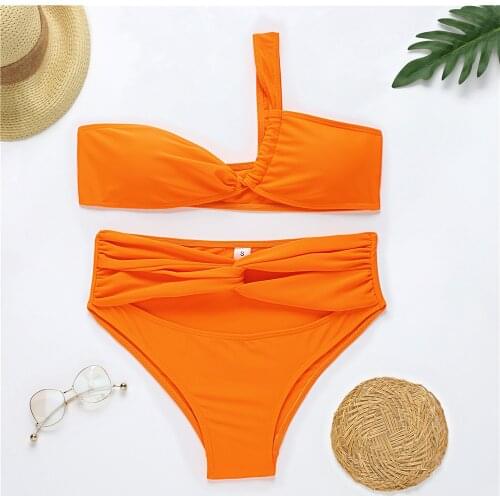 2021 Sexy High Waist Bikini Women Hollow up Swimsuit one shoulder Swimwear Female bikini set Brazilian Bathing Suit swim Lady