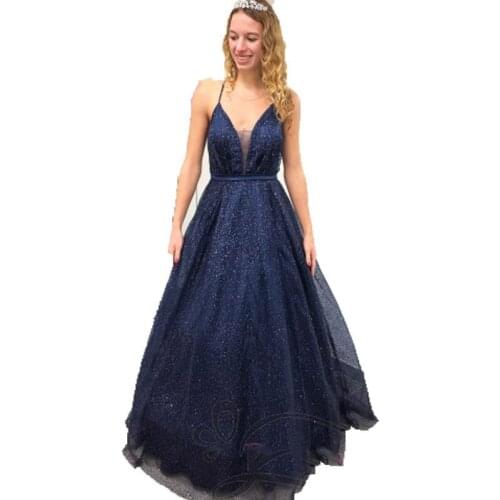 Sparkly Spaghetti Straps Navy Blue Long Prom Dresses Glitter Princess Backless Evening Dresses Blue Vestido De Festa 2021