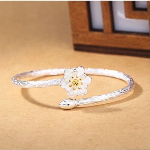 New Fashion Exquisite Creative 925 Sterling Silver Jewelry Bracelets Edition Featured Lotus Flower Bangles