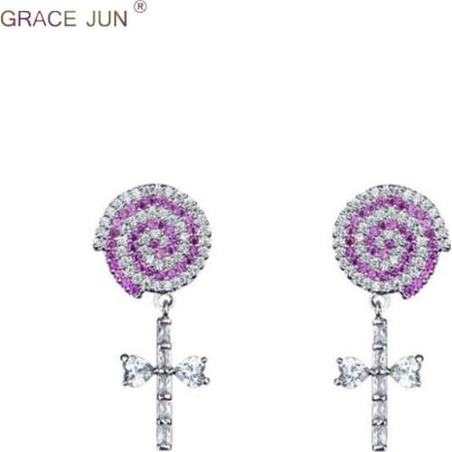 GRACE JUN Korea Style Micro Inlay AAA CZ Lollipop Clip on Earrings Without Piercing for Girls Fashion Luxury Cuff Earrings