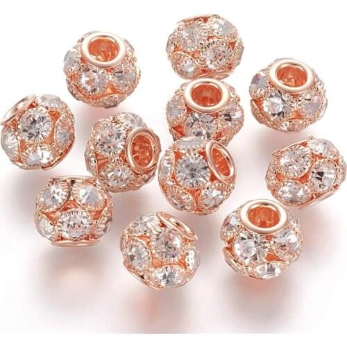 10Pcs Light Gold Crystal Rhinestone Murano Large Hole Glass Spacer Beads Fit Pandora Charms Bracelet Snake Chain Women Jewelry