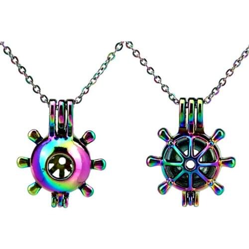 C568 Rainbow Color Rudder Cage Pendant Locket Aroma Essential Oil Diffuser Locket Necklace
