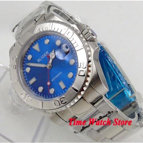 Bliger 40mm Miyota 8215 Automatic mens watch saphire glass Royal blue dial super luminous silver Bezel SS bracelet 117