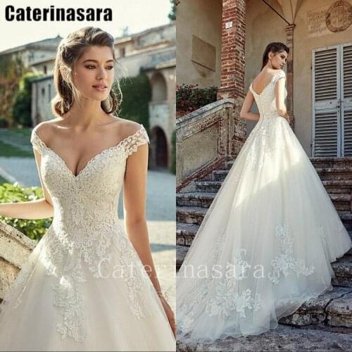 Flower Lace V-Neck Zipper A-line Wedding Dress Off-the-shoulder Court Train Bridal Gown Custom Made