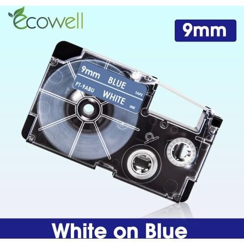 Ecowell 9mm White on Blue XR-9ABU For Casio XR9ABU XR 9ABU Label Tape Compatible for Casio KL-120 KL-100 KL-60SR 300 Label Maker