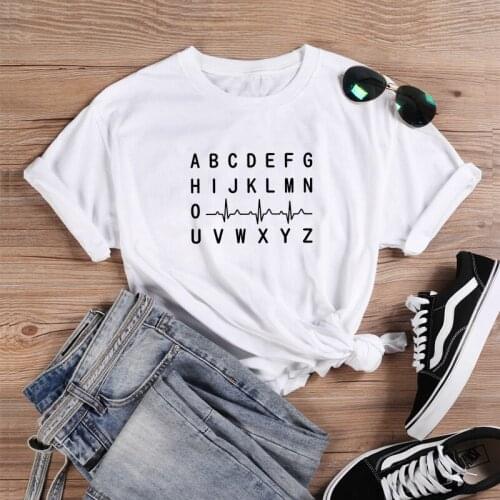 A B C D E F G Graphic T Shirt Women Short Sleeve Cotton T Shirts Woman Loose T Shirt Women Top Harajuku T Shirt Femme