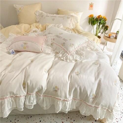 Pure Cotton Bedding Set Down Duvet Cover Pure White Girly Heart Princess Wind Pastoral Fresh Embroidery Bedding Ruffled Sheet