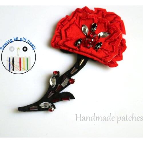 Fashion DIY red flower beaded Patches for clothing Embroidery Sequin sew on floral patches for bags decorative parches applique