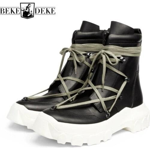 2019 Men Shoes High-TOP Ankle Boots Genuine Leather Sneaker Luxury Trainers Boots Platform Casual Lace-up Zip Flat Black Shoes