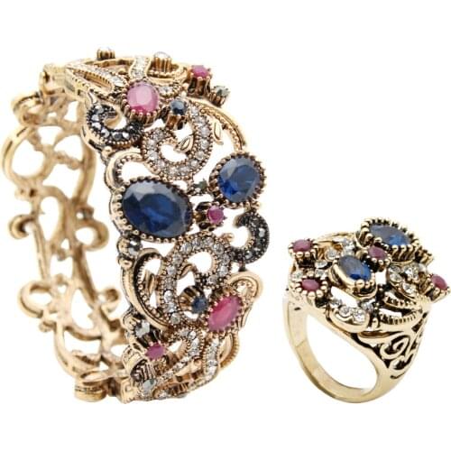 Factory Outlet Price Turkish Women Resin Bangle Ring Jewelry Sets Vintage Hollow Flower Bracelet Cuff Ethnic Bridal Ring Indian