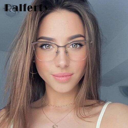 Ralferty 2021 Retro Computer Blue Light Glasses Frame Women Decorative Metal Transparent Anti-Glare Female Eyeglass Frame F95661