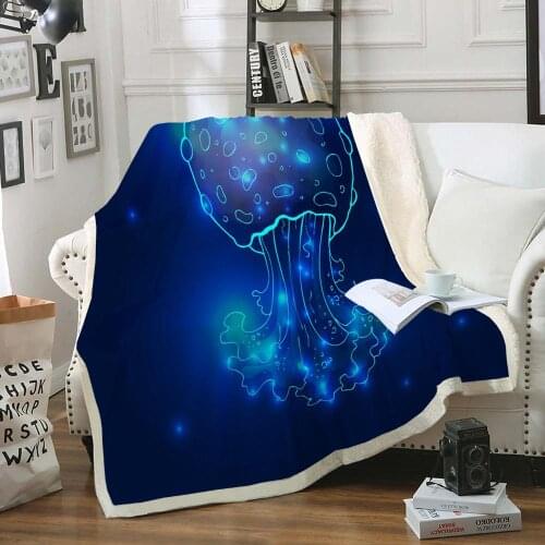 Jellyfish Sherpa Fleece Blanket Blue Marine life Throw Blanket Transparent Glowing Neon Thin Bedspread on Sofa
