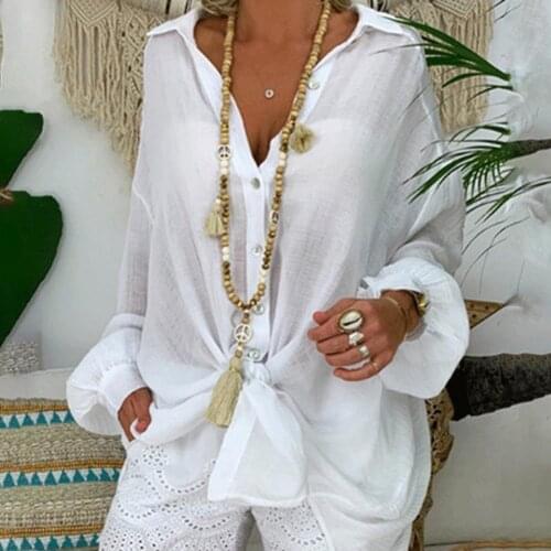 Solid Color Casual Lapel Womens Blouse 2021 Summer New Cardigan Lightweight Long Sleeve Ladies White Black Shirts