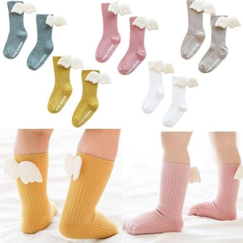 Newborn Infant Baby Autumn Knee High Socks Cute 3D Angel Wings Toddler Candy Color Ribbed Knitted Anti-Slip Sole Cotton Stocking